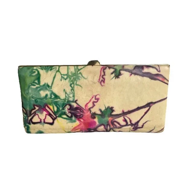 Abstract Leather Clutch Pink Green Statement  Wallet Large Evening Bag Lodis - Picture 4 of 15